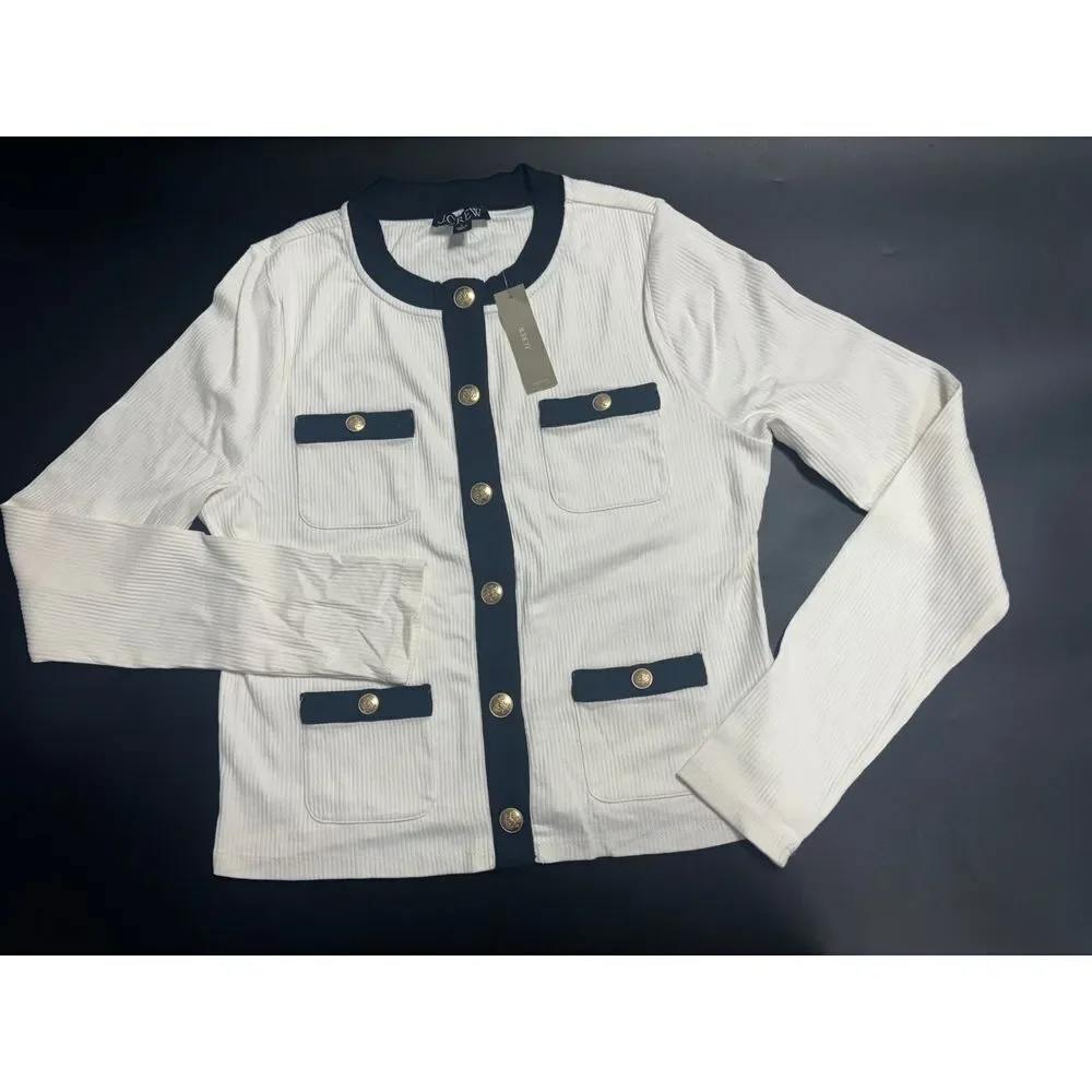 J.Crew NWT Vintage Ribbed Lady Jacket in Ivory & Black‎ Size Large
